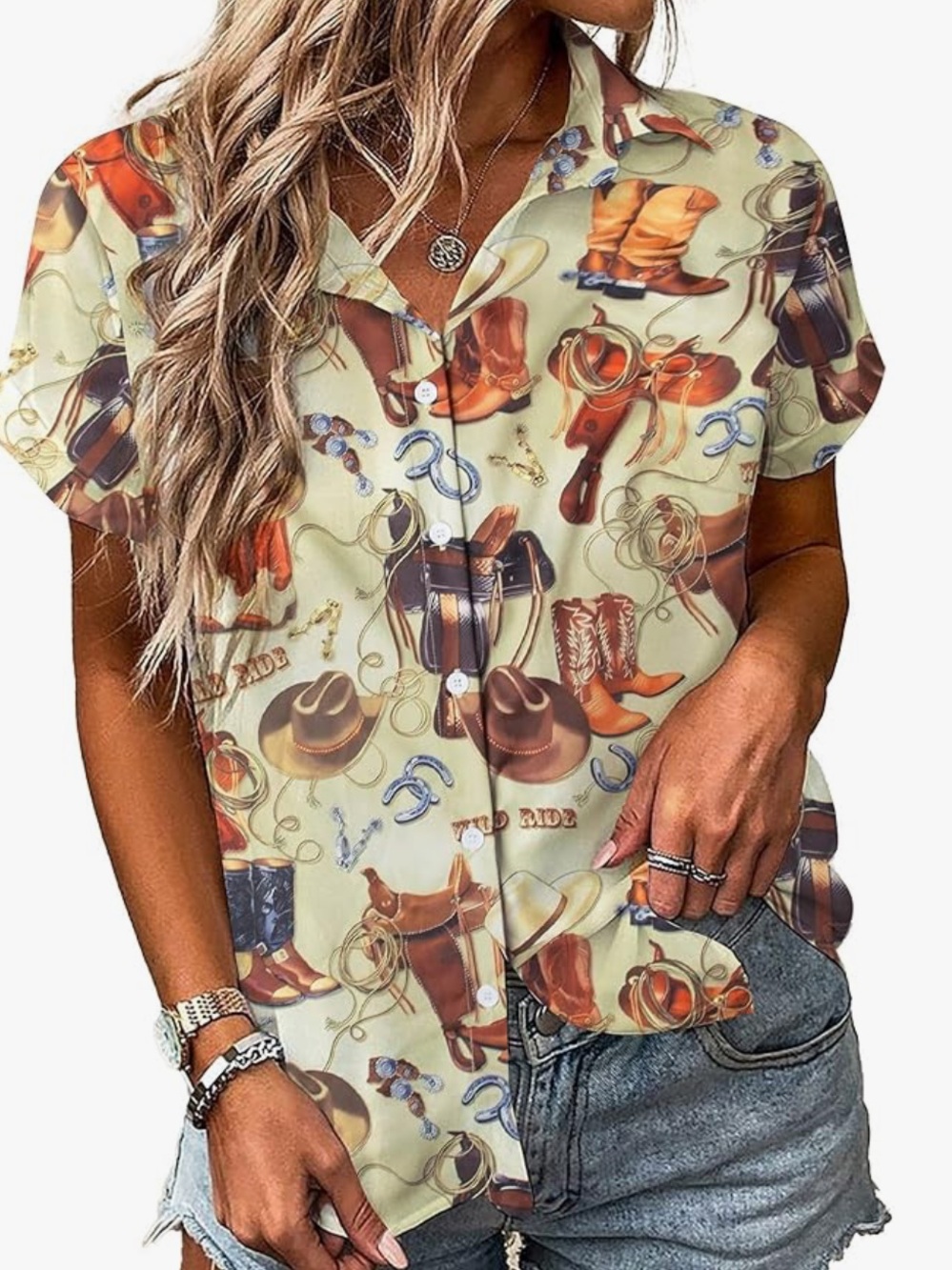 Chic Nation Cream Western Print Button-Down Shirt